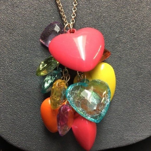 Heart Dangle Silver Necklace Multicolor Translucent Faceted Valentine Barbie - Picture 3 of 6